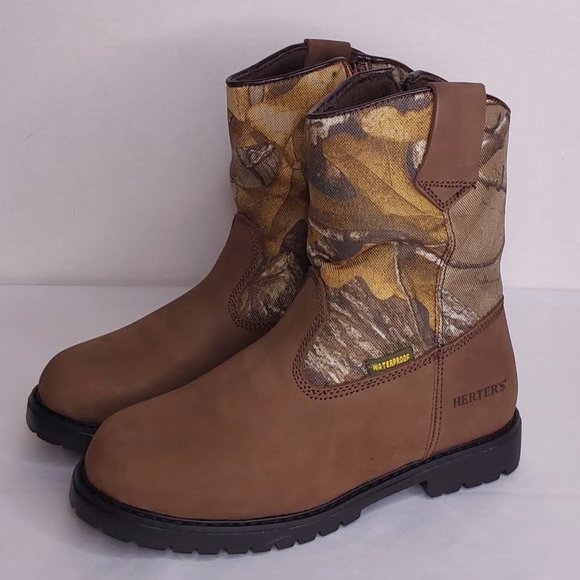 'HERTER'S' LEATHER HUNT BOOTS MOISTURE-WICK CAMO 'REALTREE`EXTRA PULL-ON YOUTH - Picture 5 of 16